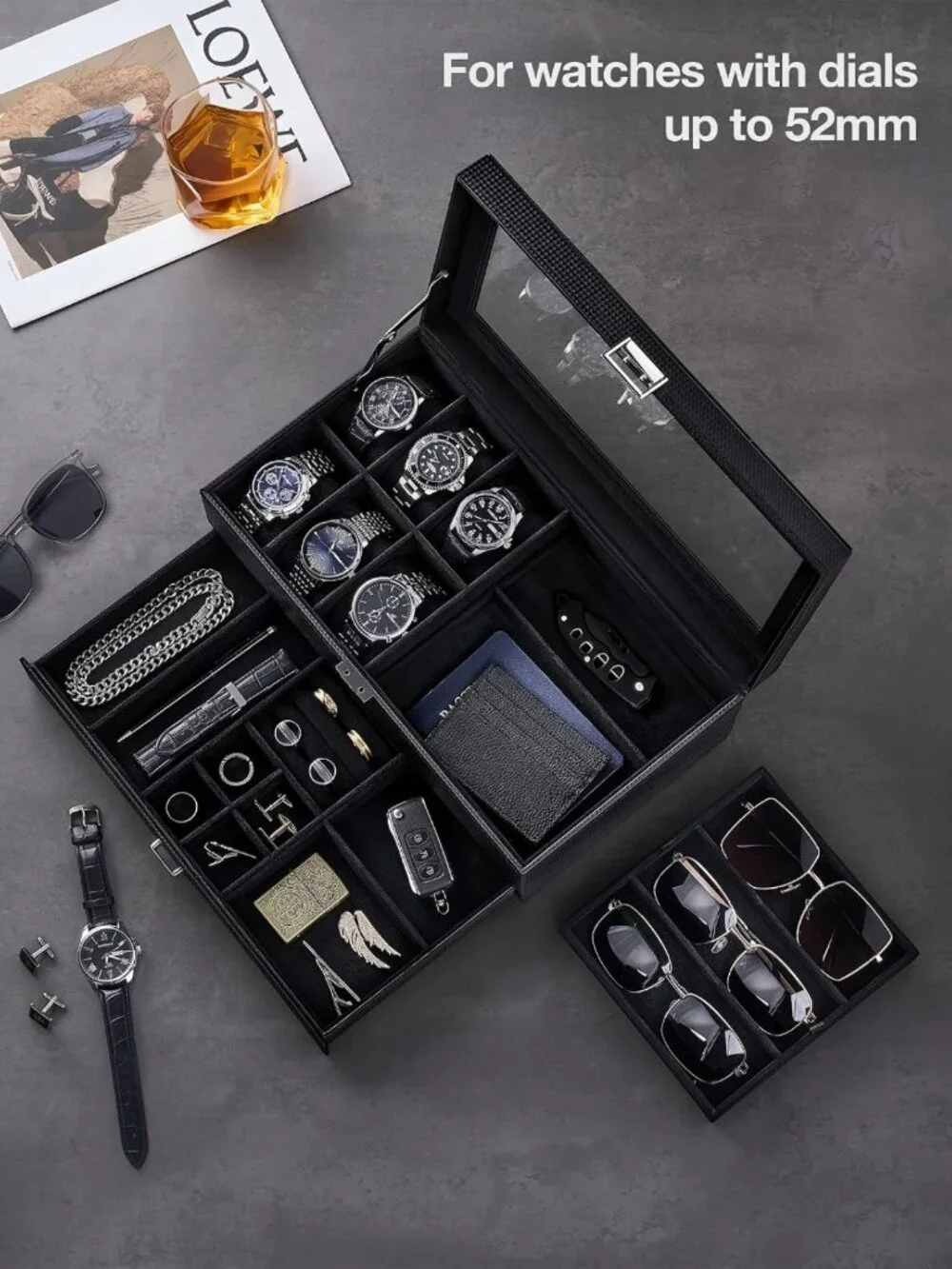 Stylish Men's Jewelry Organizer - 6 Slot Watch Box & 3 Slot Sunglass Holder